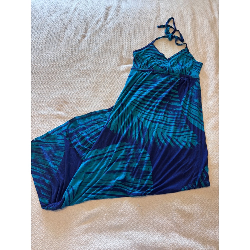 Express Blue Teal Tropical Palm Print Halter Maxi Dress Large